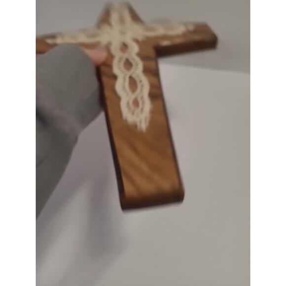 Wood Wall Cross Crucifix Oak Crochet 13" x 9" Hanging Decor Handmade Religious - Picture 12 of 13